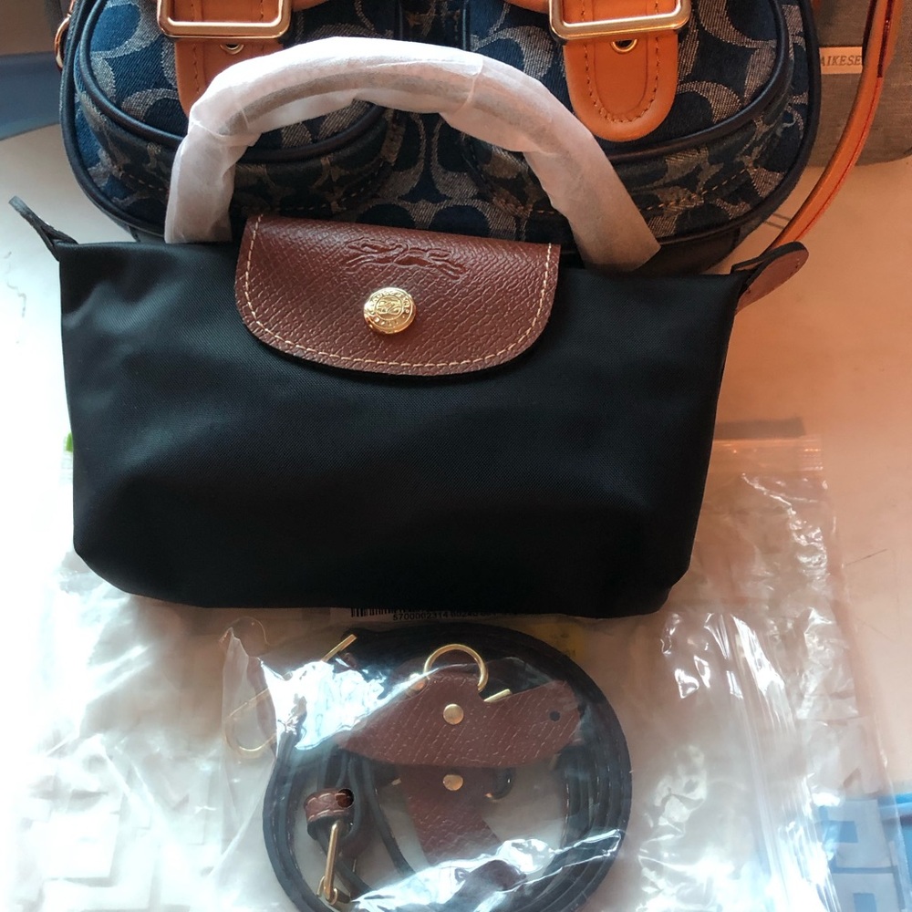 Longchamp Black Nylon Crossbody with Brown Leather Flap